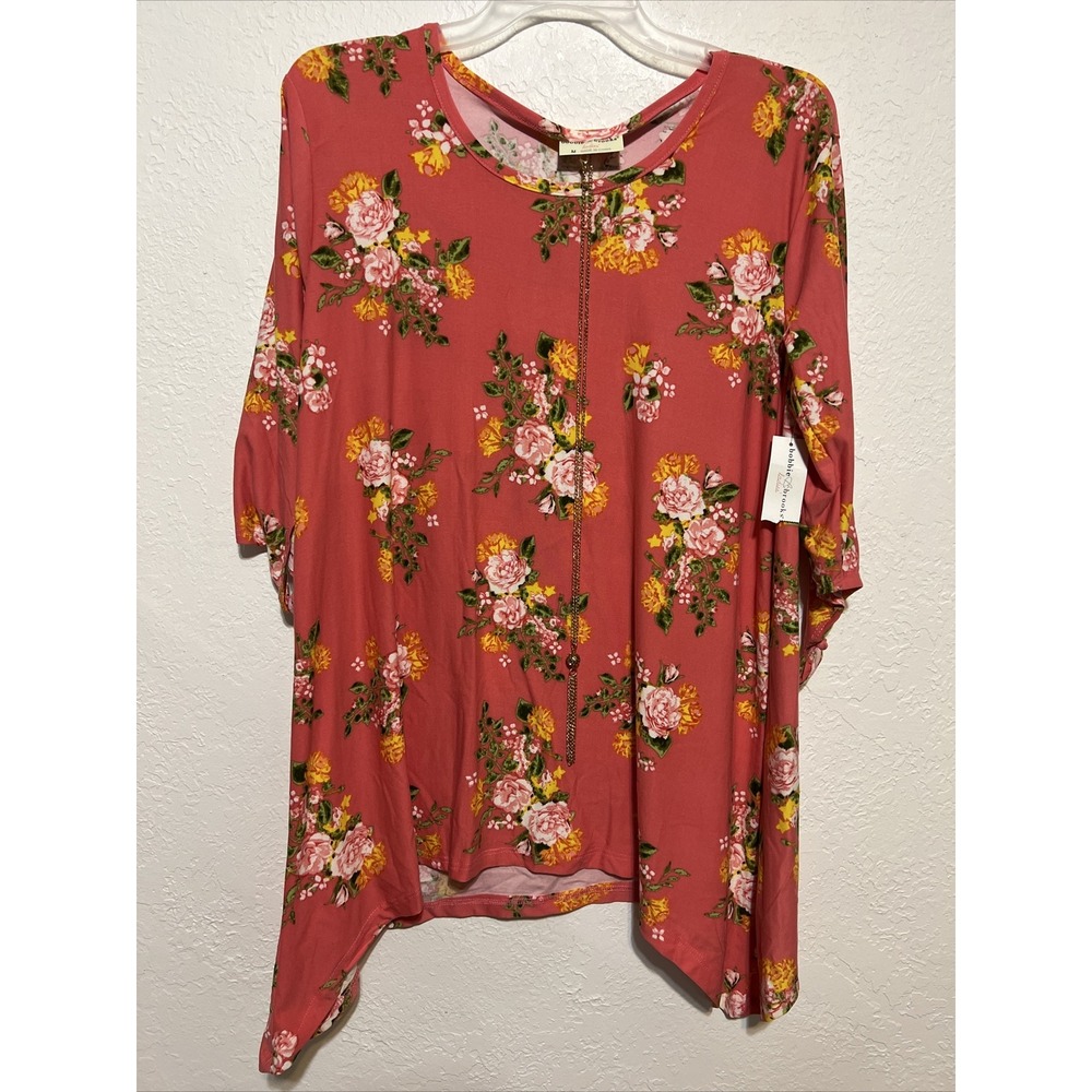 Bobbie Brooks Floral Sharkbite Tunic Top Coral Pink 3/4 Tie Sleeve Medium NWT
